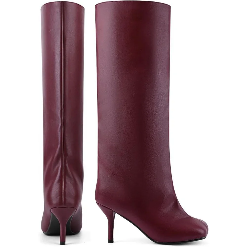 Women's Burgundy Pu Wide Calf Square Toe Stiletto Heels Knee High Suede Boots
